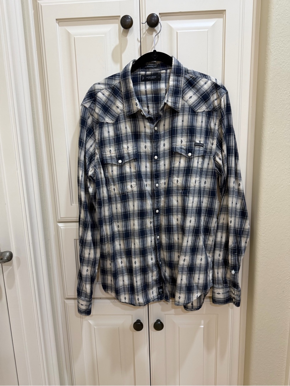 Lucky Brand Blue and White Pearl Snap Button-Up Shirt